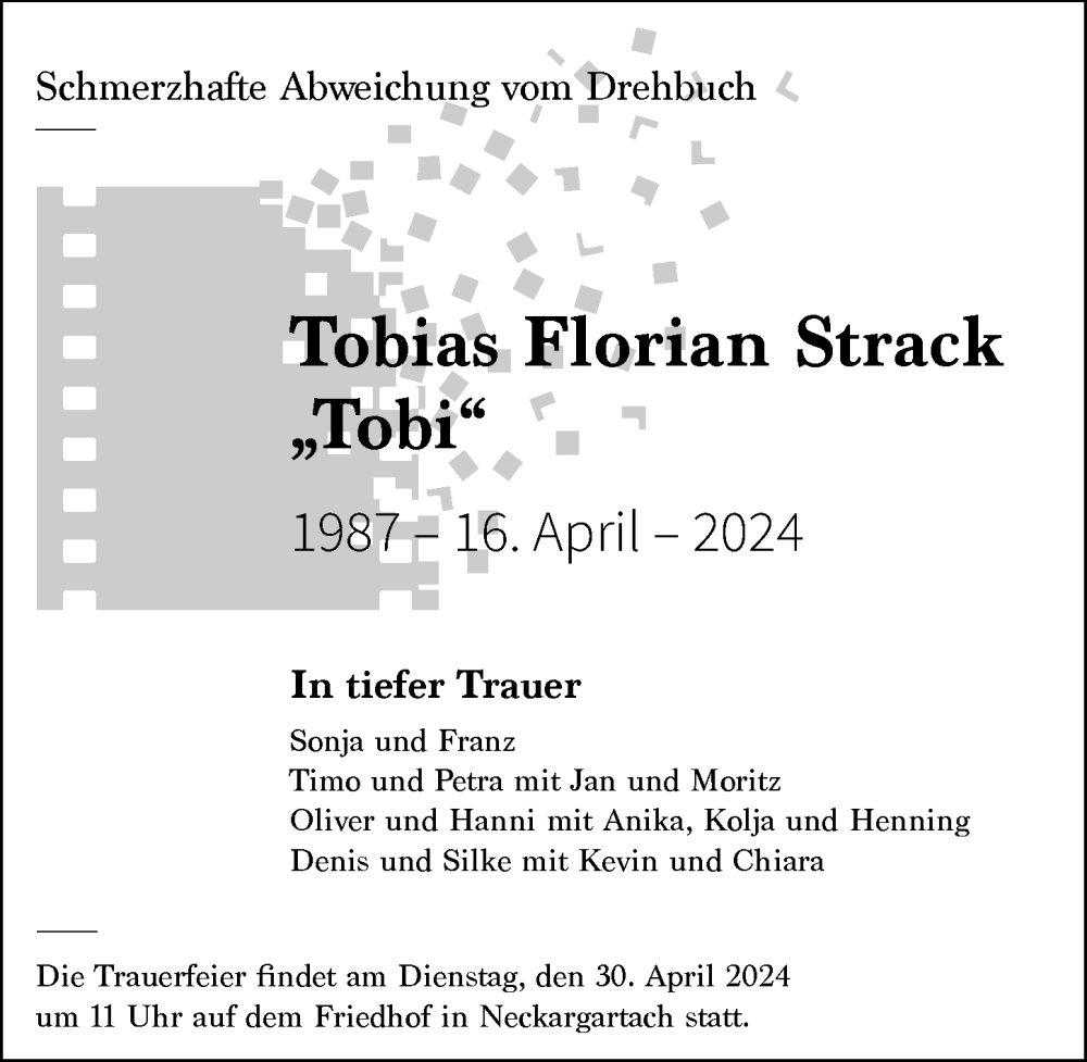  Traueranzeige für Tobias Florian Strack vom 27.04.2024 aus GESAMT