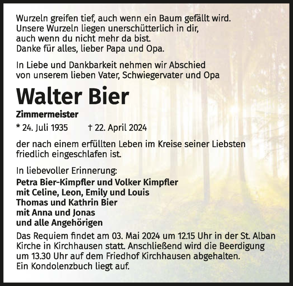  Traueranzeige für Walter Bier vom 27.04.2024 aus GESAMT