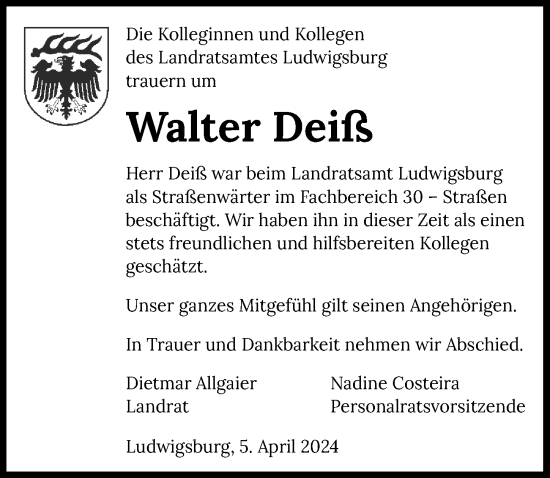 Traueranzeige von Walter Deiß von GESAMT