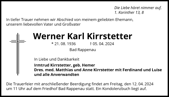 Traueranzeige von Werner Karl Kirrstetter von GESAMT