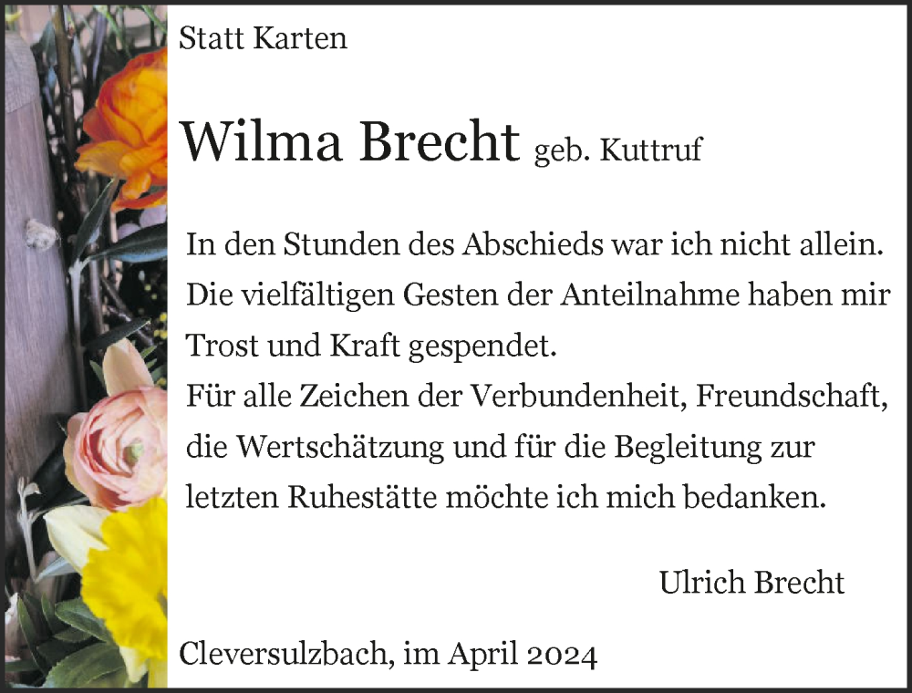  Traueranzeige für Wilma Brecht vom 03.04.2024 aus GESAMT