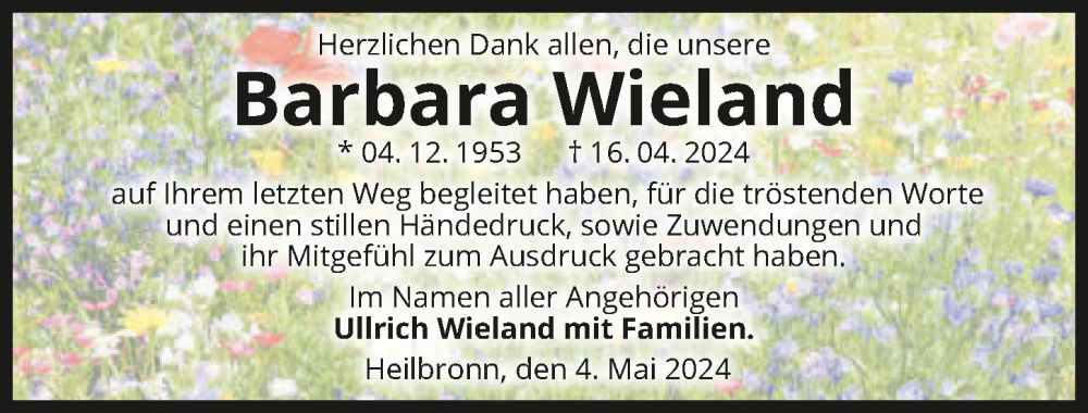  Traueranzeige für Barbara Wieland vom 04.05.2024 aus GESAMT