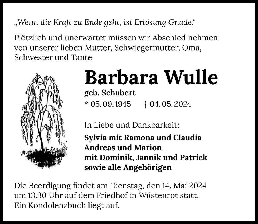  Traueranzeige für Barbara Wulle vom 11.05.2024 aus GESAMT