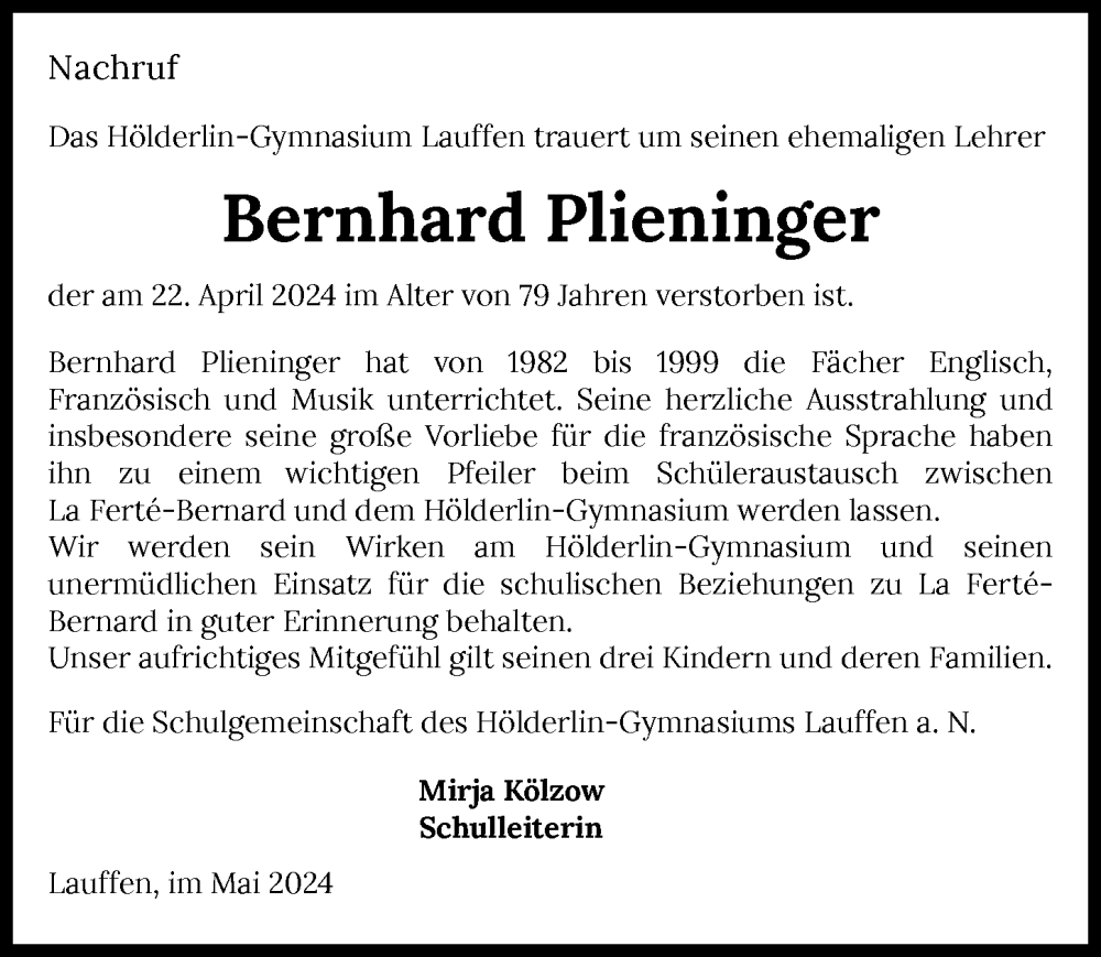  Traueranzeige für Bernhard Plieninger vom 04.05.2024 aus GESAMT