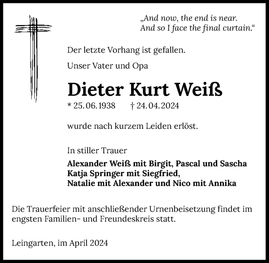 Traueranzeige von Dieter Kurt Weiß von GESAMT