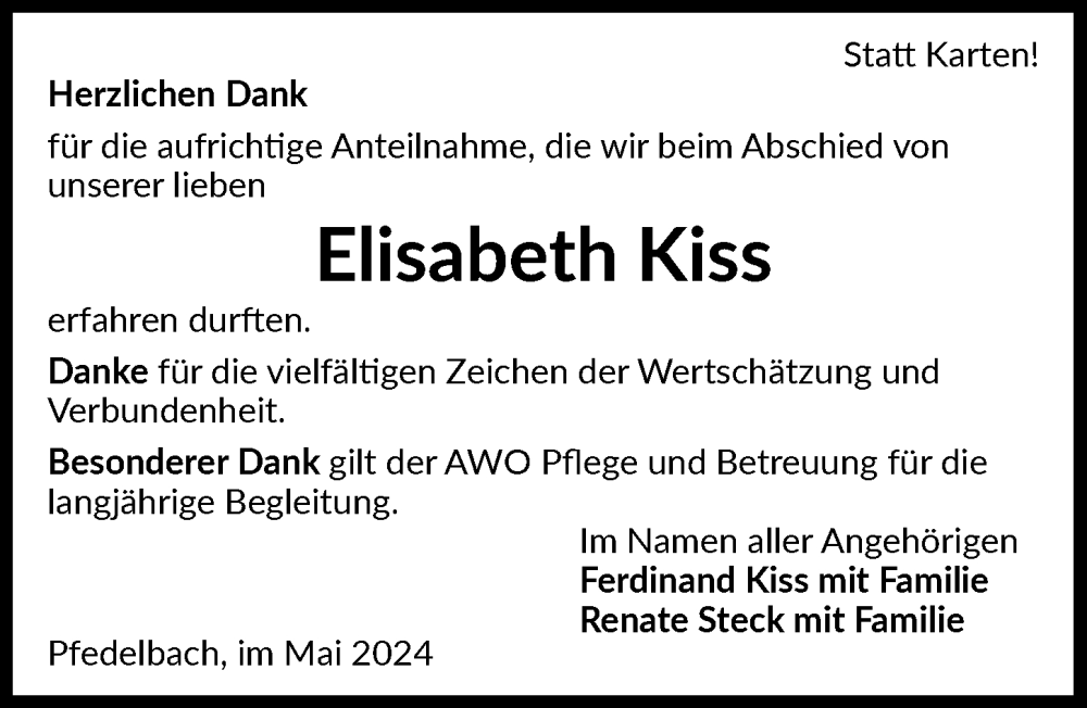  Traueranzeige für Elisabeth Kiss vom 25.05.2024 aus GESAMT