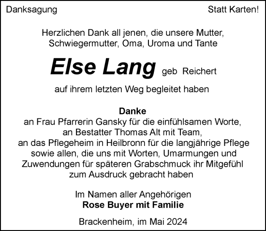Traueranzeige von Else Lang von GESAMT