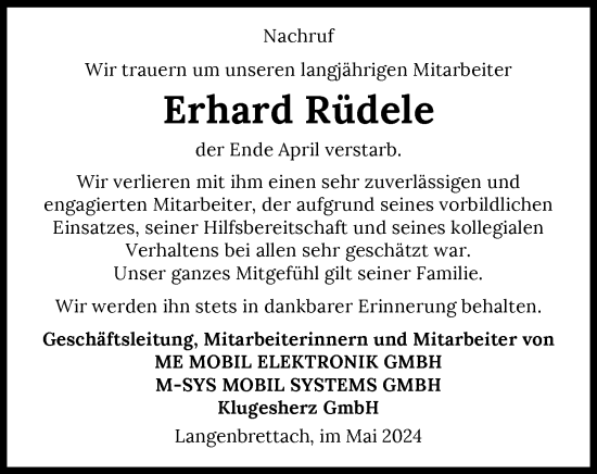 Traueranzeige von Erhard Rüdele von GESAMT