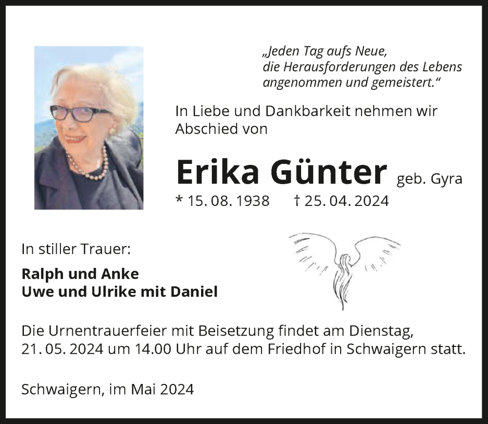 Traueranzeige für Erika Günter vom 11.05.2024 aus GESAMT