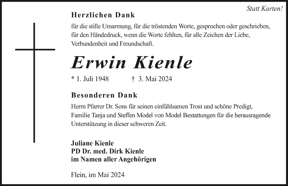  Traueranzeige für Erwin Kienle vom 18.05.2024 aus GESAMT
