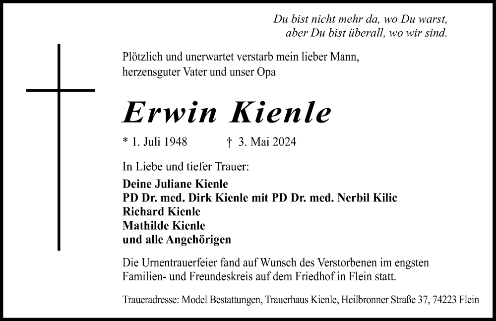  Traueranzeige für Erwin Kienle vom 11.05.2024 aus GESAMT