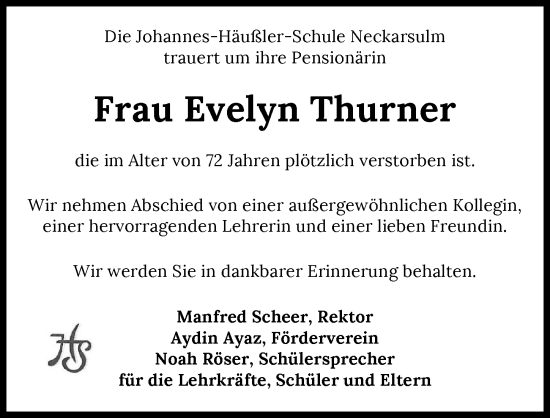 Traueranzeige von Evelyne Thurner von GESAMT