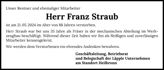 Traueranzeige von Franz Straub von GESAMT