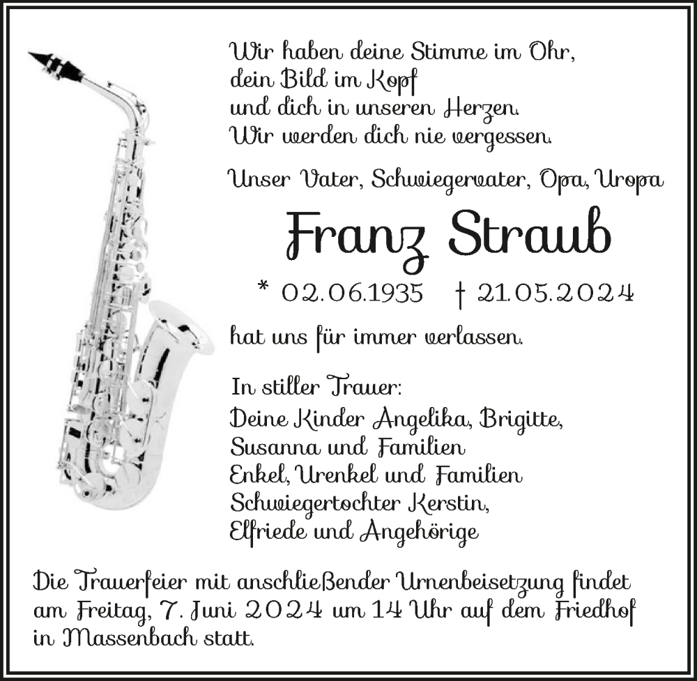  Traueranzeige für Franz Straub vom 28.05.2024 aus GESAMT
