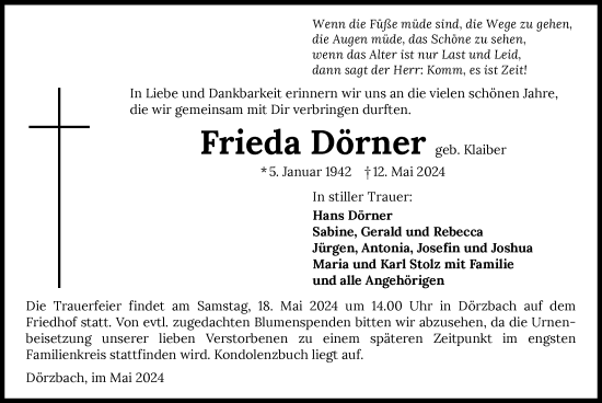 Traueranzeige von Frieda Dörner von GESAMT