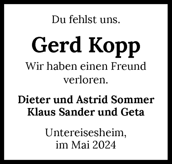 Traueranzeige von Gerd Kopp von GESAMT