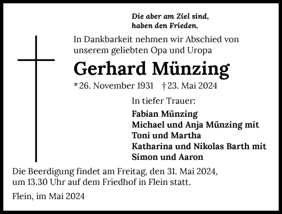 Traueranzeige von Gerhard Münzing von GESAMT