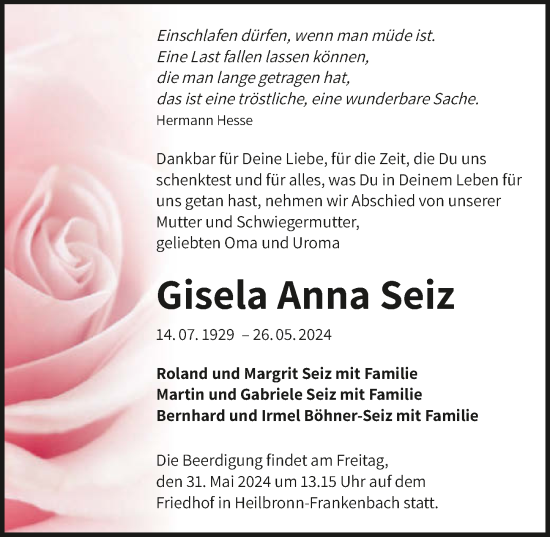 Traueranzeige von Gisela Anna Seiz von GESAMT