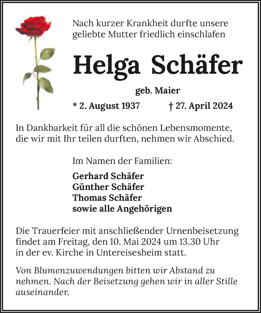  Traueranzeige für Helga Schäfer vom 04.05.2024 aus GESAMT
