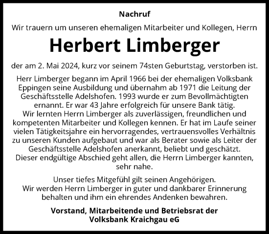 Traueranzeige von Herbert Limberger von GESAMT