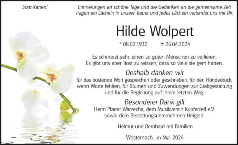  Traueranzeige für Hilde Wolpert vom 31.05.2024 aus GESAMT