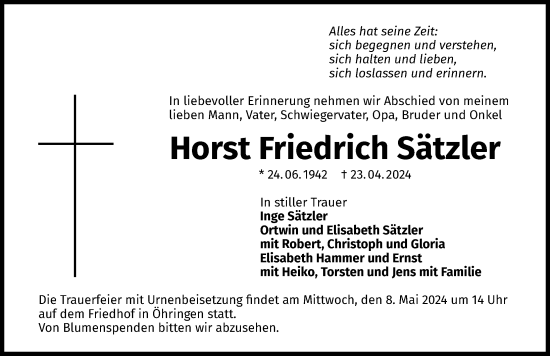 Traueranzeige von Horst Friedrich Sätzler von GESAMT