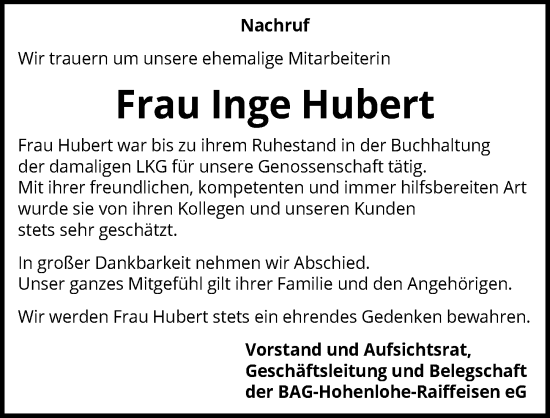 Traueranzeige von Inge Hubert von GESAMT