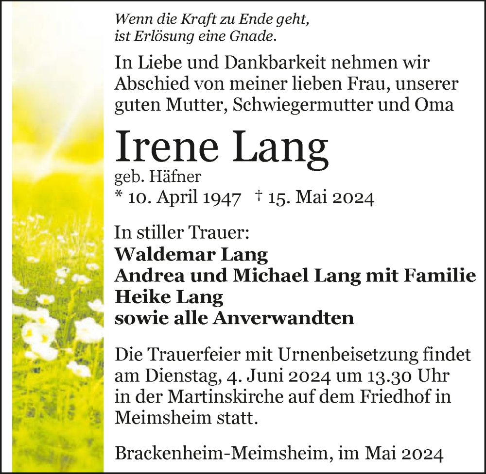  Traueranzeige für Irene Lang vom 25.05.2024 aus GESAMT
