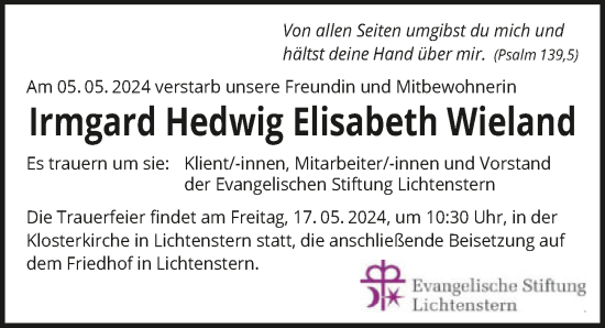 Traueranzeige von Irmgard Hedwig Elisabeth Wieland von GESAMT