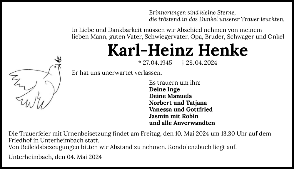  Traueranzeige für Karl-Heinz Henke vom 04.05.2024 aus GESAMT