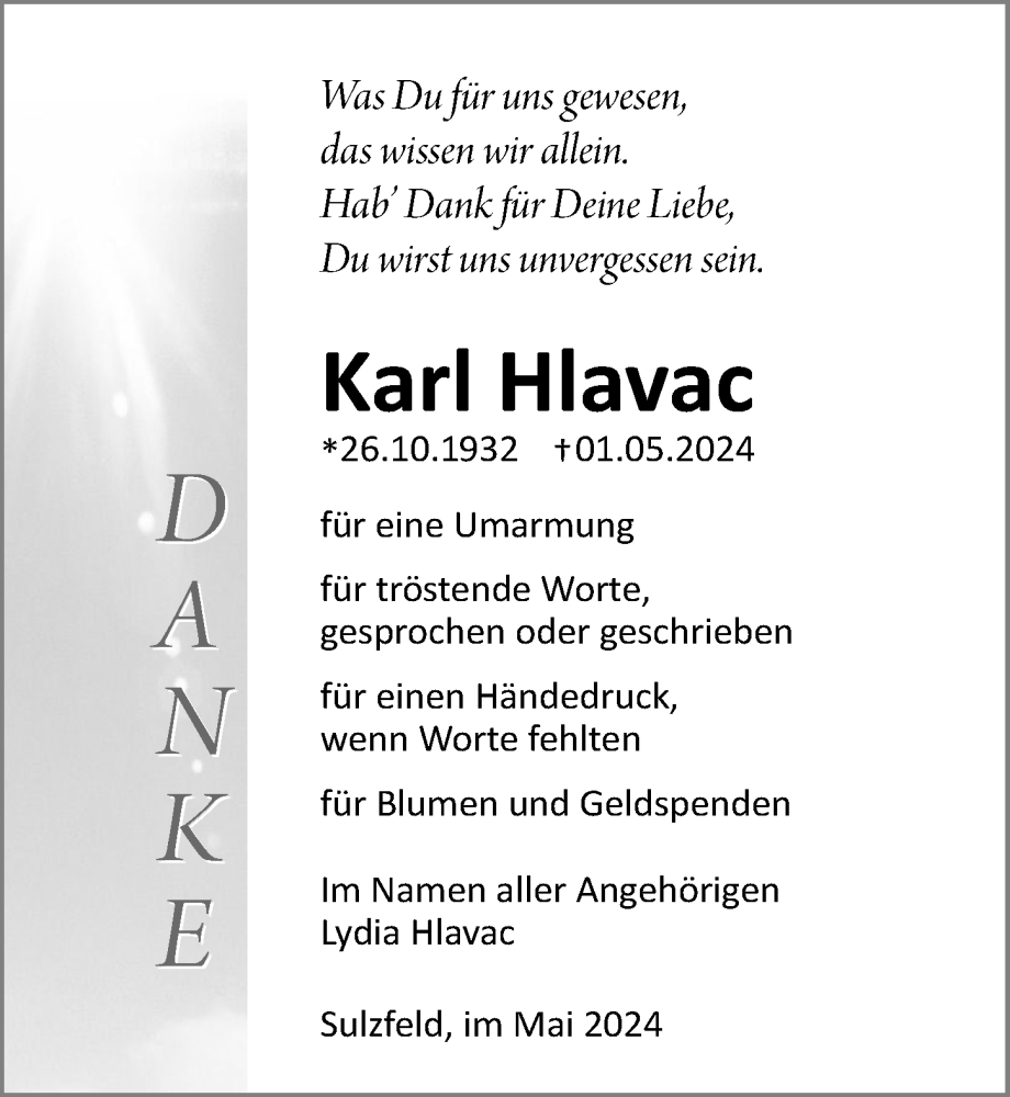  Traueranzeige für Karl Hlavac vom 08.05.2024 aus GESAMT