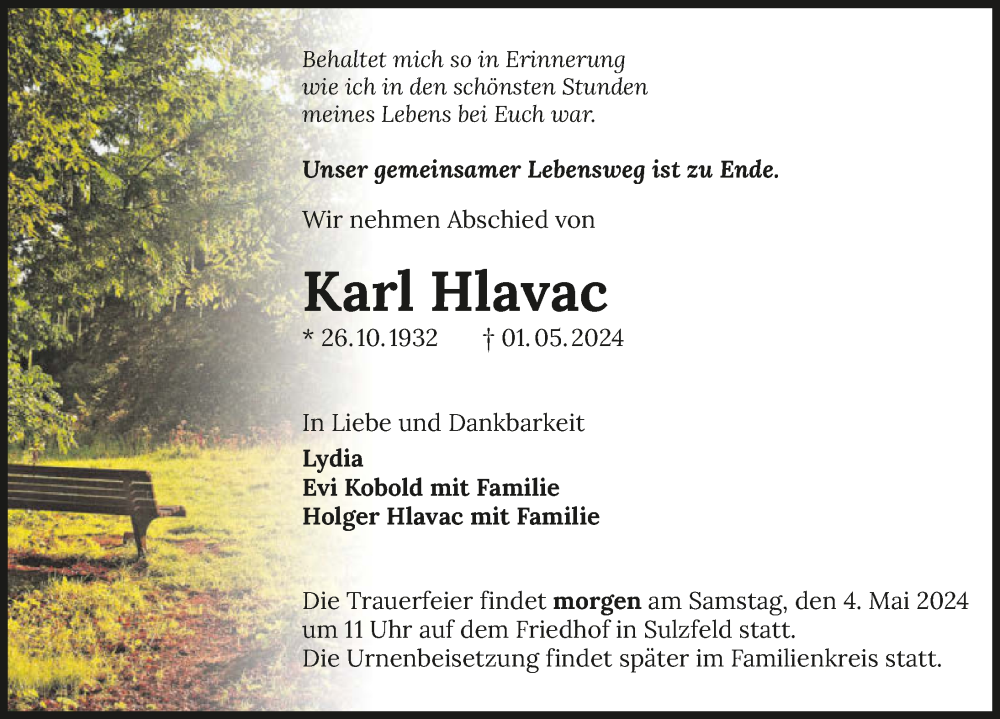  Traueranzeige für Karl Hlavac vom 03.05.2024 aus GESAMT
