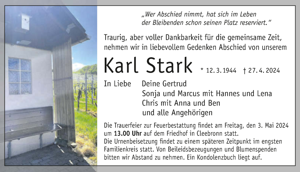  Traueranzeige für Karl Stark vom 02.05.2024 aus GESAMT