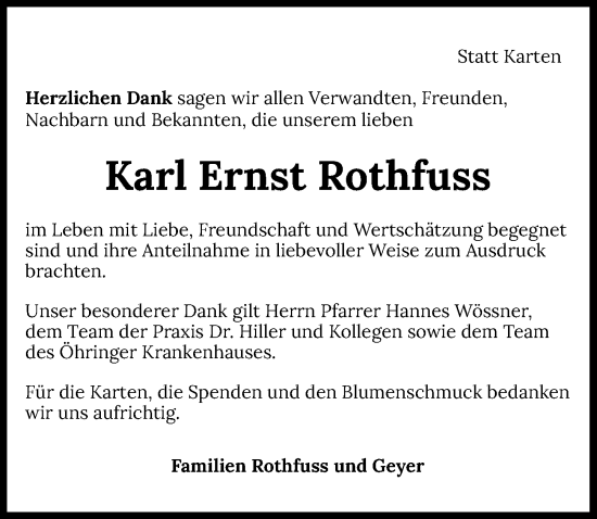 Traueranzeige von Karl Ernst Rothfuss von GESAMT