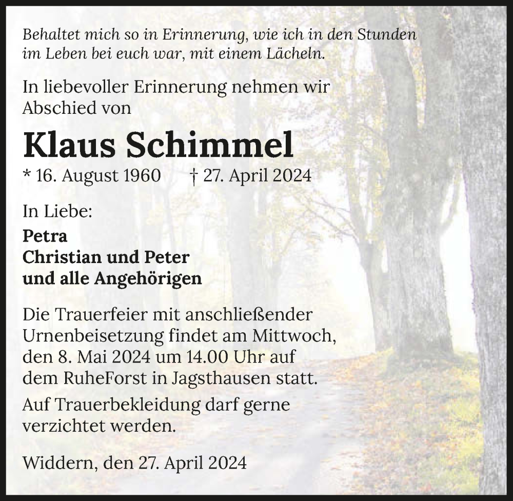  Traueranzeige für Klaus Schimmel vom 04.05.2024 aus GESAMT