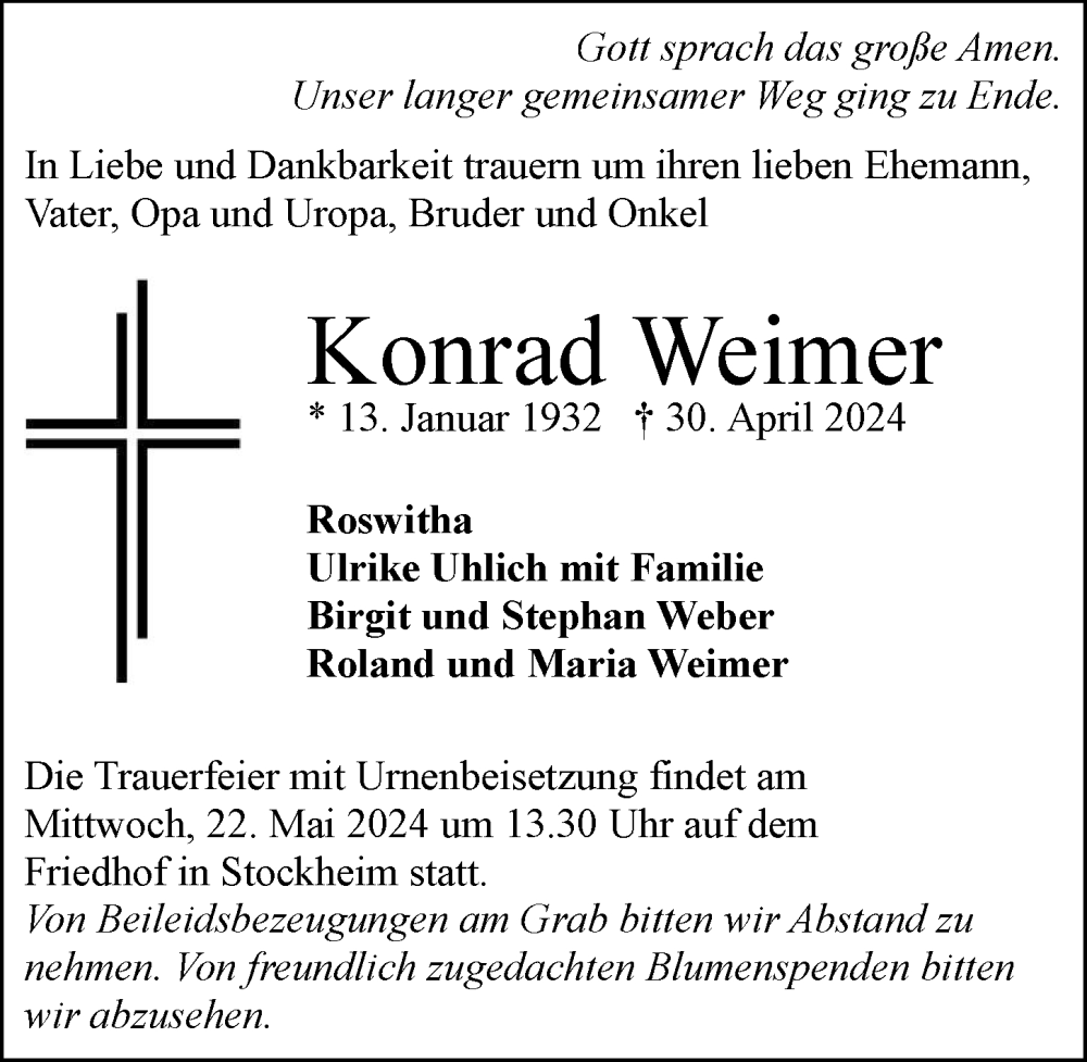  Traueranzeige für Konrad Weimer vom 11.05.2024 aus GESAMT