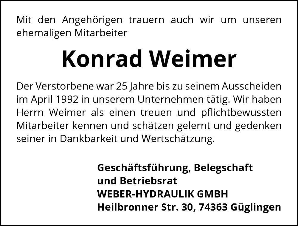  Traueranzeige für Konrad Weimer vom 11.05.2024 aus GESAMT