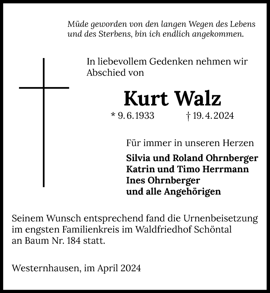  Traueranzeige für Kurt Walz vom 02.05.2024 aus GESAMT