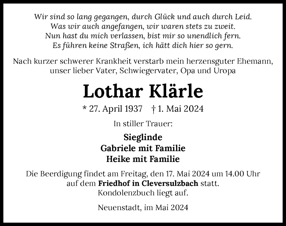  Traueranzeige für Lothar Klärle vom 14.05.2024 aus GESAMT