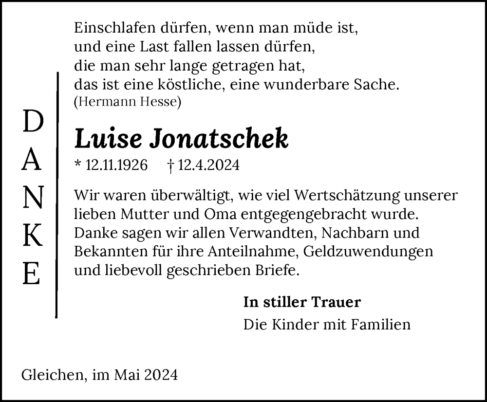  Traueranzeige für Luise Jonatschek vom 11.05.2024 aus GESAMT
