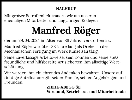Traueranzeige von Manfred Röger von GESAMT