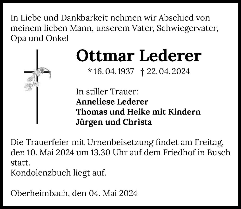  Traueranzeige für Ottmar Lederer vom 04.05.2024 aus GESAMT