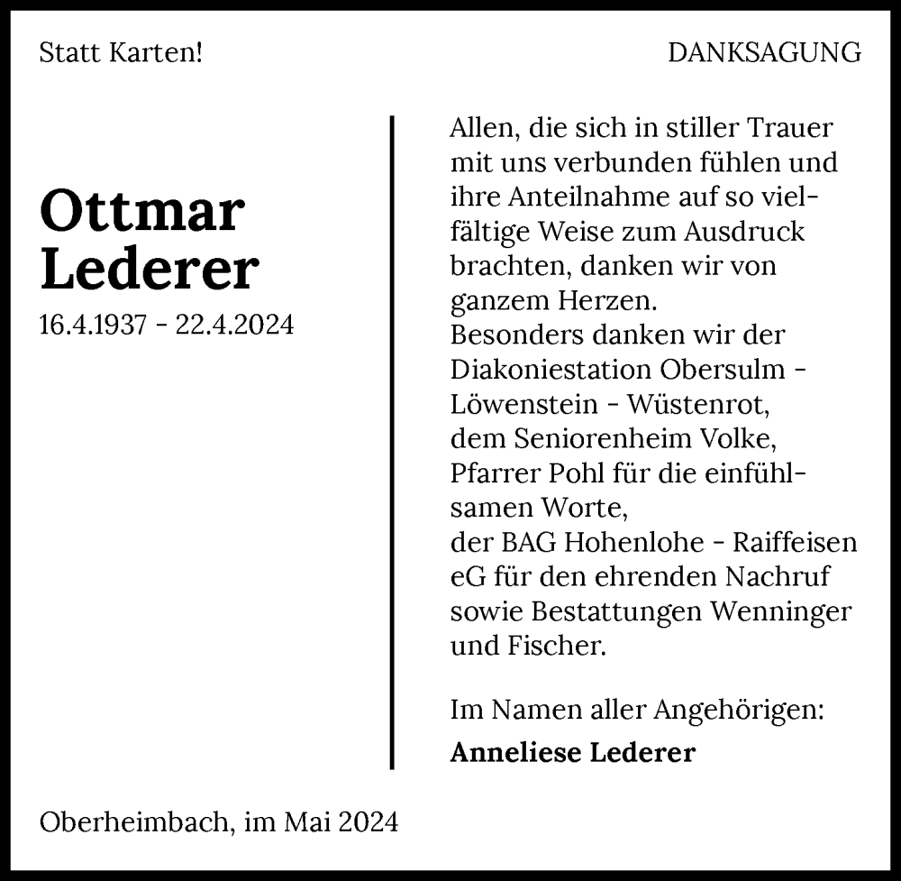  Traueranzeige für Ottmar Lederer vom 25.05.2024 aus GESAMT