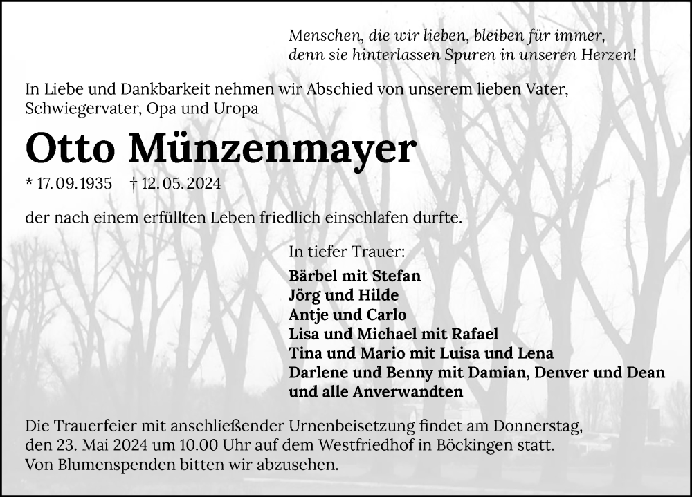  Traueranzeige für Otto Münzenmayer vom 16.05.2024 aus GESAMT