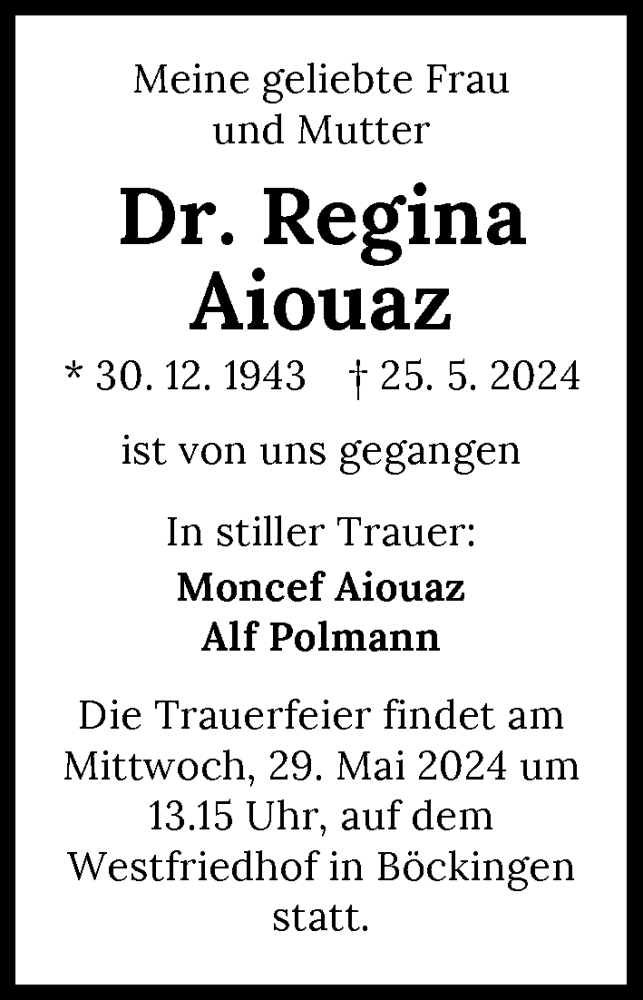  Traueranzeige für Regina Aiouaz vom 28.05.2024 aus GESAMT