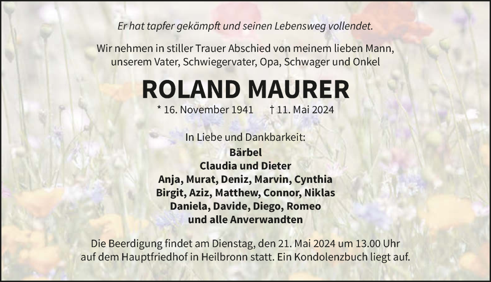  Traueranzeige für Roland Maurer vom 15.05.2024 aus GESAMT