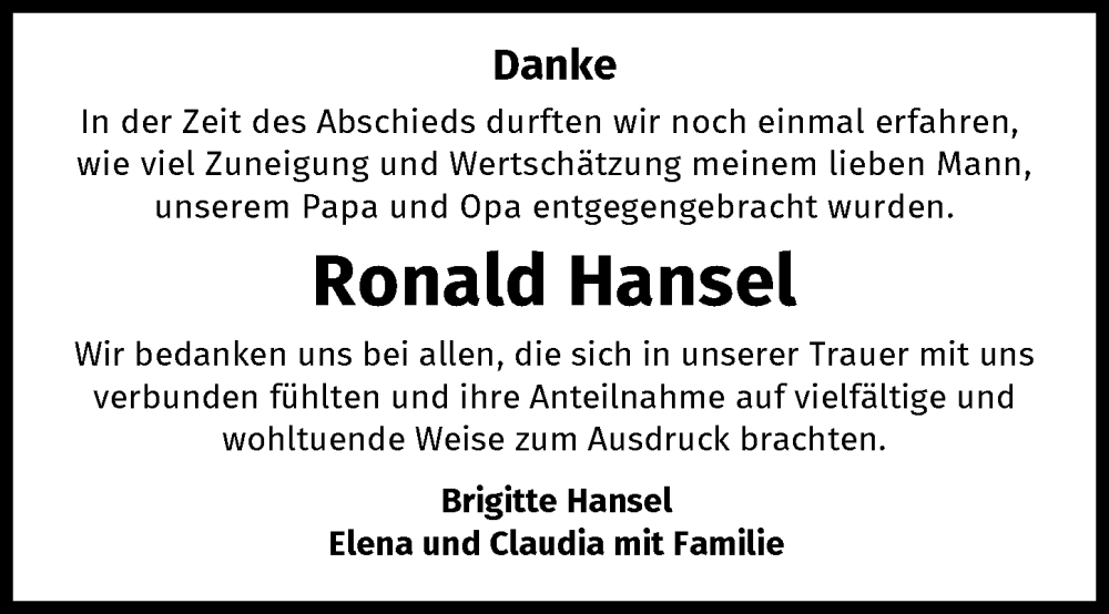  Traueranzeige für Ronald Hansel vom 18.05.2024 aus GESAMT