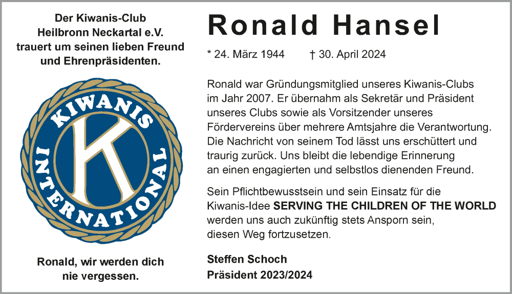  Traueranzeige für Ronald Hansel vom 04.05.2024 aus GESAMT