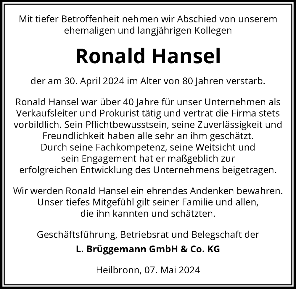  Traueranzeige für Ronald Hansel vom 08.05.2024 aus GESAMT
