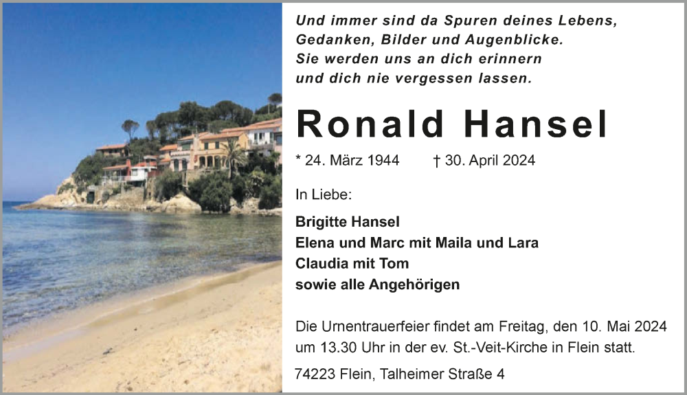  Traueranzeige für Ronald Hansel vom 04.05.2024 aus GESAMT